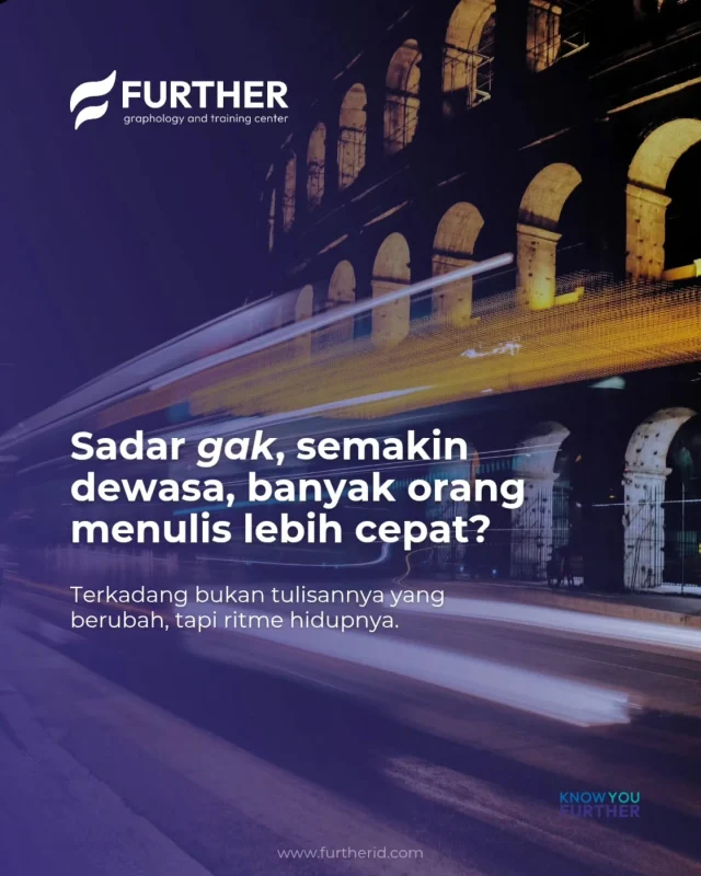 Yuk, coba tenang dan sadari 'kecepatan' kita sehari-hari 😃  𝗙𝗨𝗥𝗧𝗛𝗘𝗥
graphology and training center
www.furtherid.com
Mail: info@furtherid.com
WA. : 0895-333-56-9988  #knowyoufurther #growfurther
